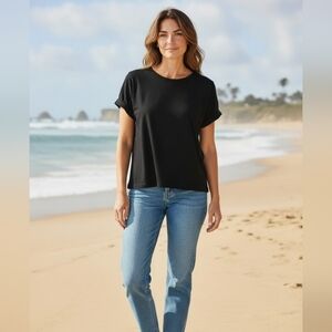 Sigrid Olsen - NWT Black Short Sleeve Shirt, Round Neck, Cuffed Sleeves,